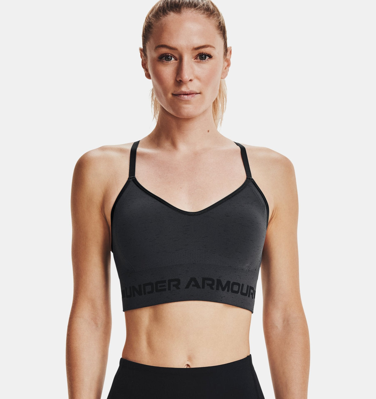 Under Armour Womens Seamless Low Long Heather Sports Bra - Adjustable Cross Back Design