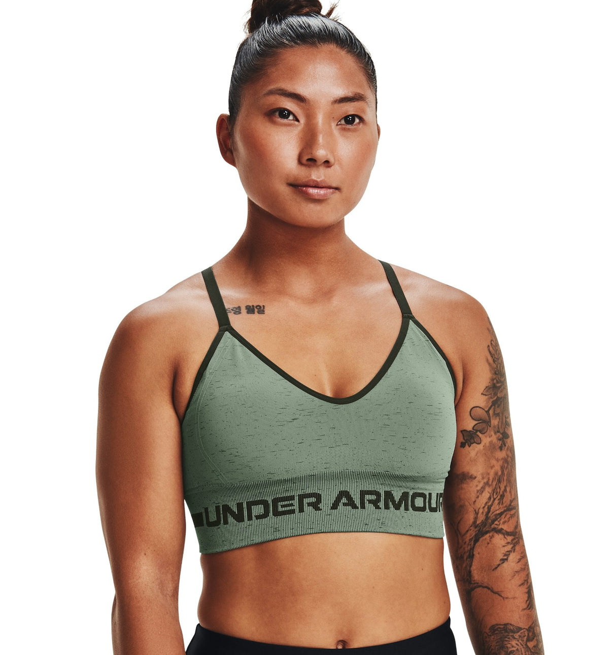 Under Armour Womens Seamless Low Long Heather Sports Bra - Adjustable Cross Back Design