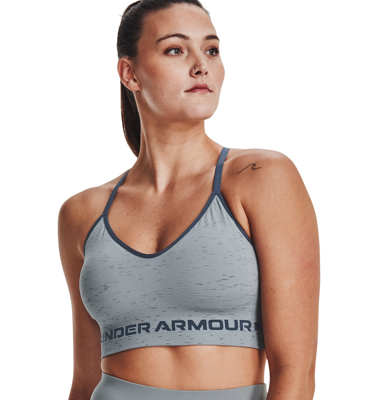 Under Armour Womens Seamless Low Long Heather Sports Bra - Adjustable Cross Back Design