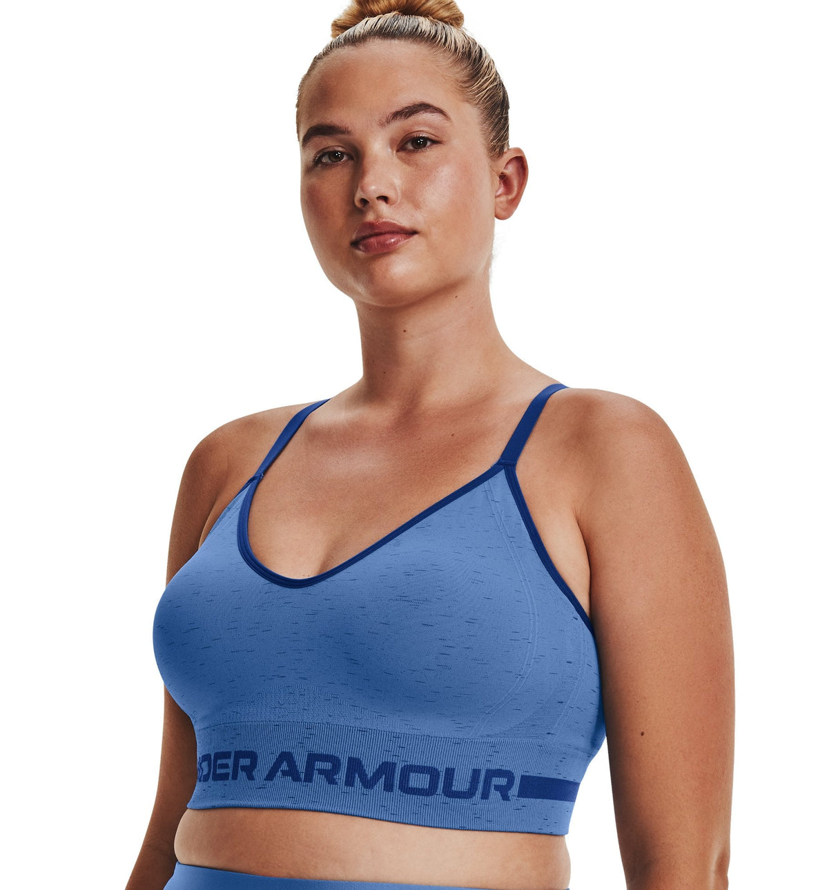 Under Armour Womens Seamless Low Long Heather Sports Bra - Adjustable Cross Back Design