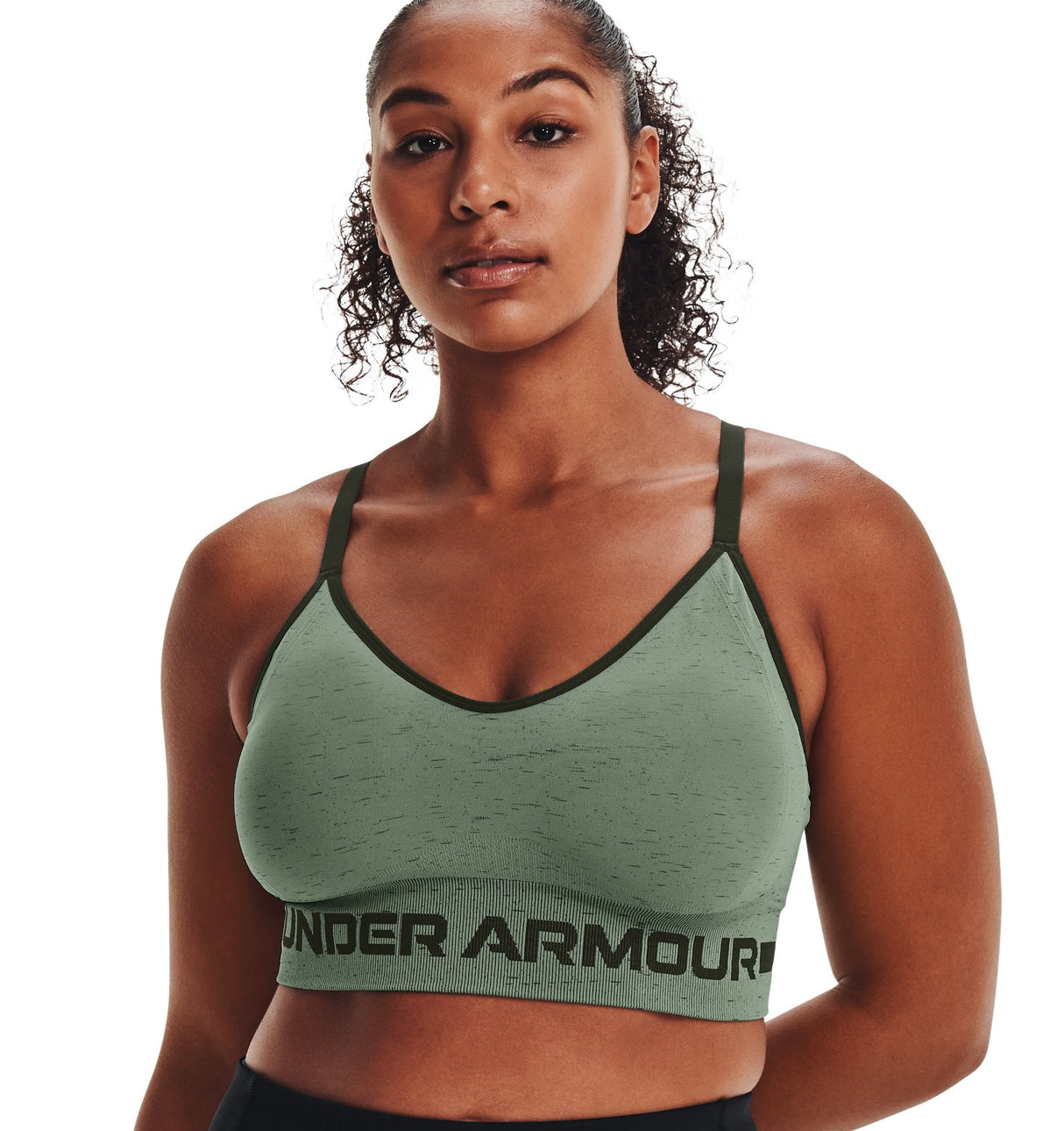 Under Armour Womens Seamless Low Long Heather Sports Bra - Adjustable Cross Back Design