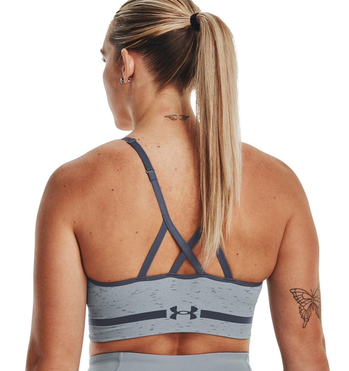 Under Armour Womens Seamless Low Long Heather Sports Bra - Adjustable Cross Back Design