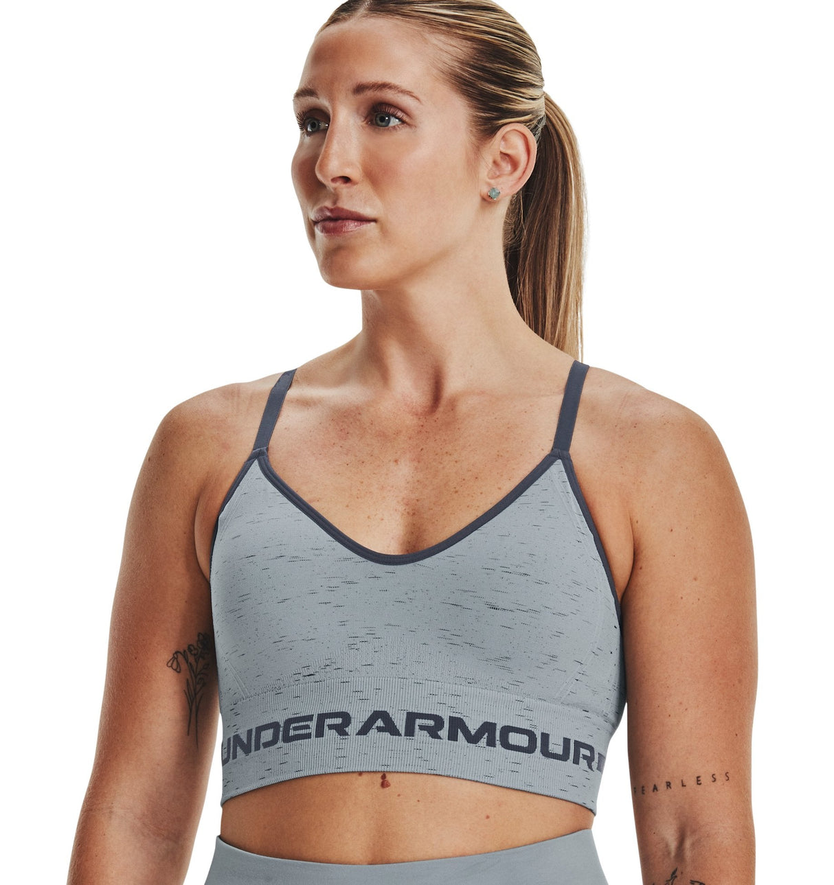 Under Armour Womens Seamless Low Long Heather Sports Bra - Adjustable Cross Back Design