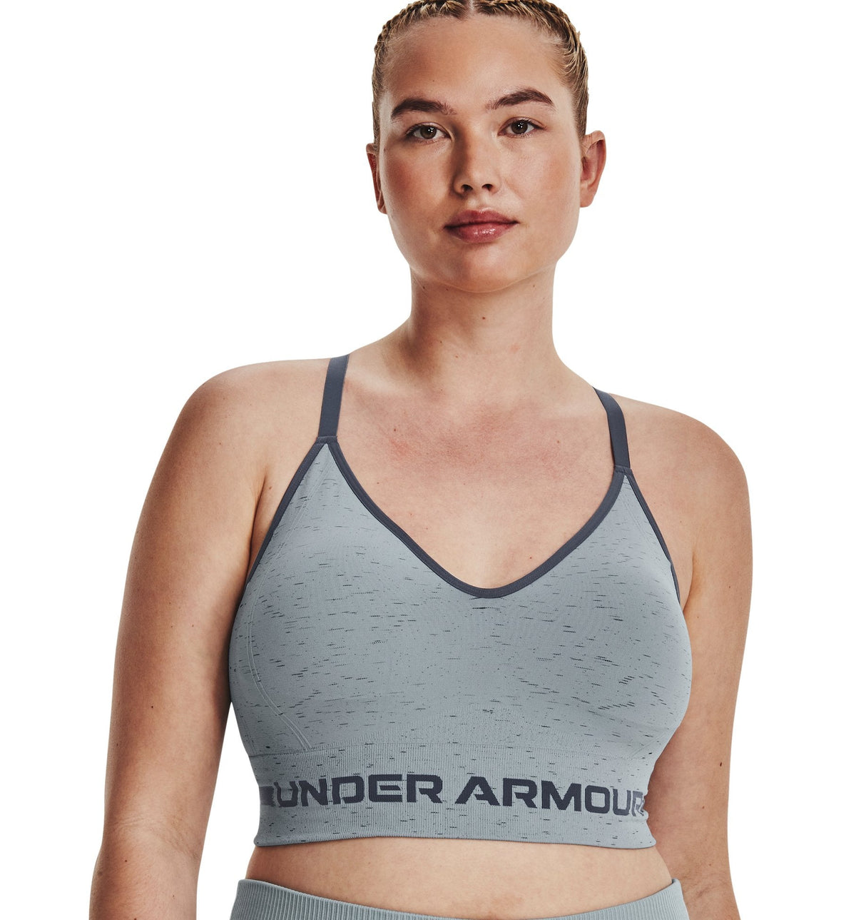 Under Armour Womens Seamless Low Long Heather Sports Bra - Adjustable Cross Back Design