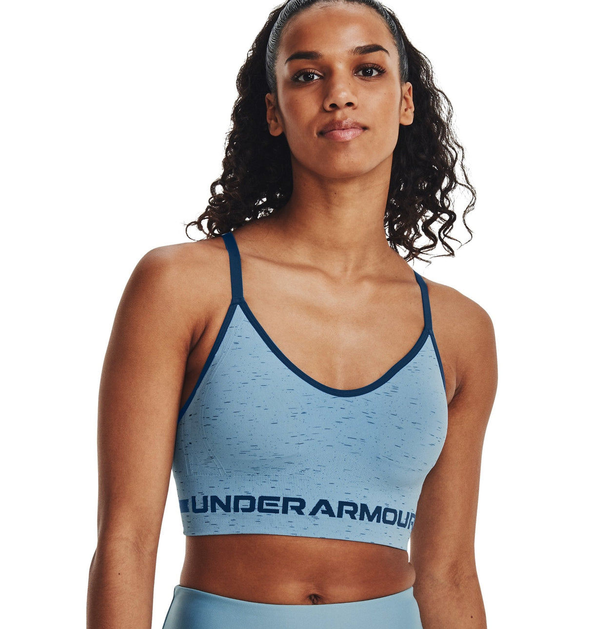 Under Armour Womens Seamless Low Long Heather Sports Bra - Adjustable Cross Back Design