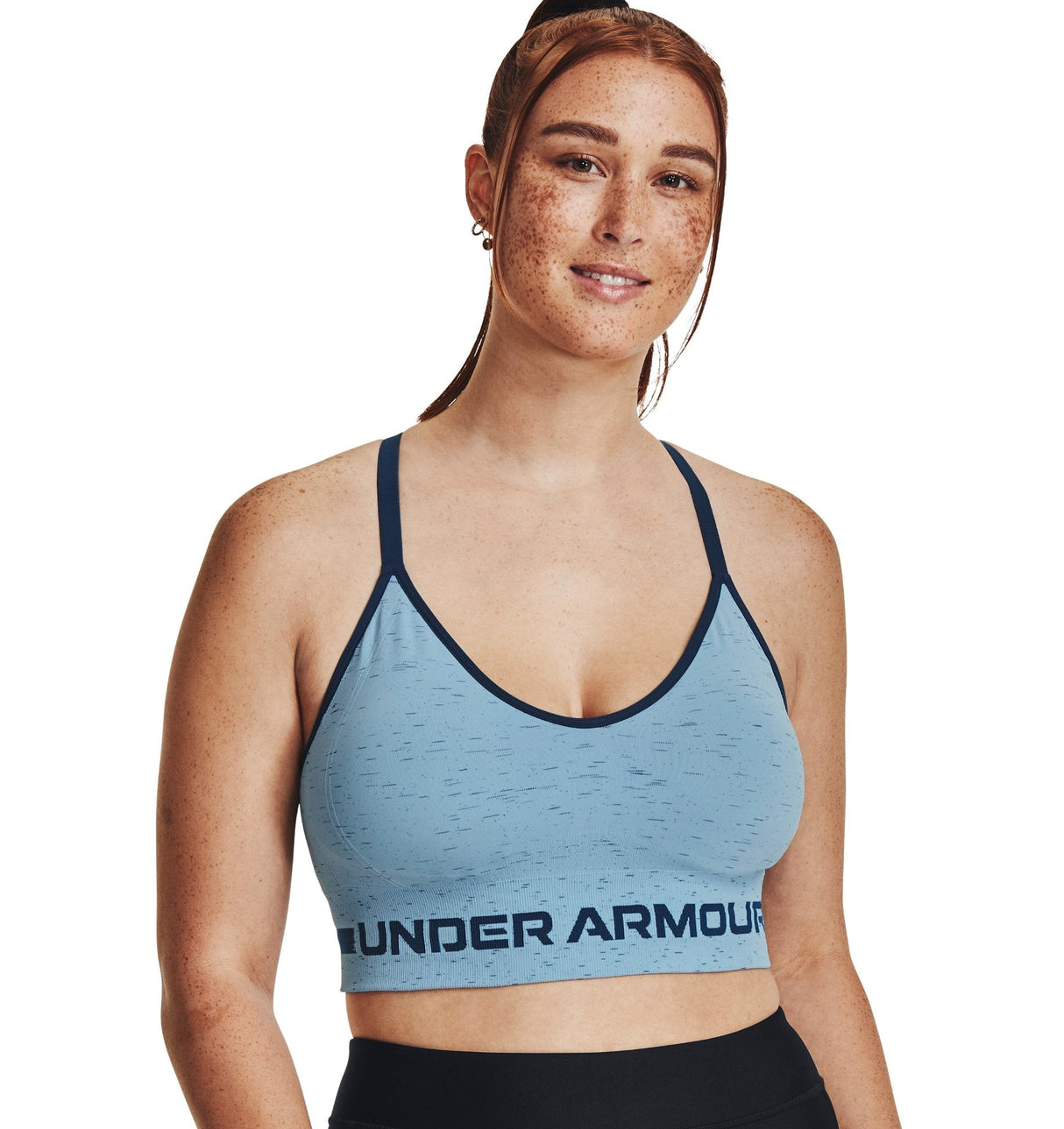 Under Armour Womens Seamless Low Long Heather Sports Bra - Adjustable Cross Back Design