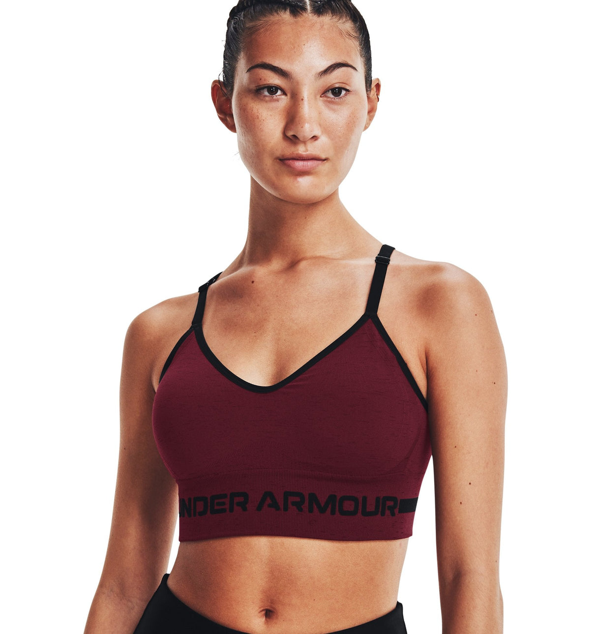Under Armour Womens Seamless Low Long Heather Sports Bra - Adjustable Cross Back Design