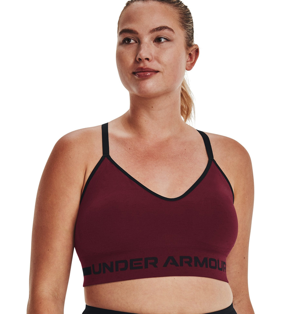 Under Armour Womens Seamless Low Long Heather Sports Bra - Adjustable Cross Back Design