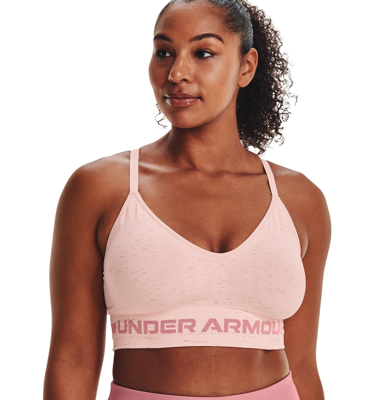 Under Armour Womens Seamless Low Long Heather Sports Bra - Adjustable Cross Back Design