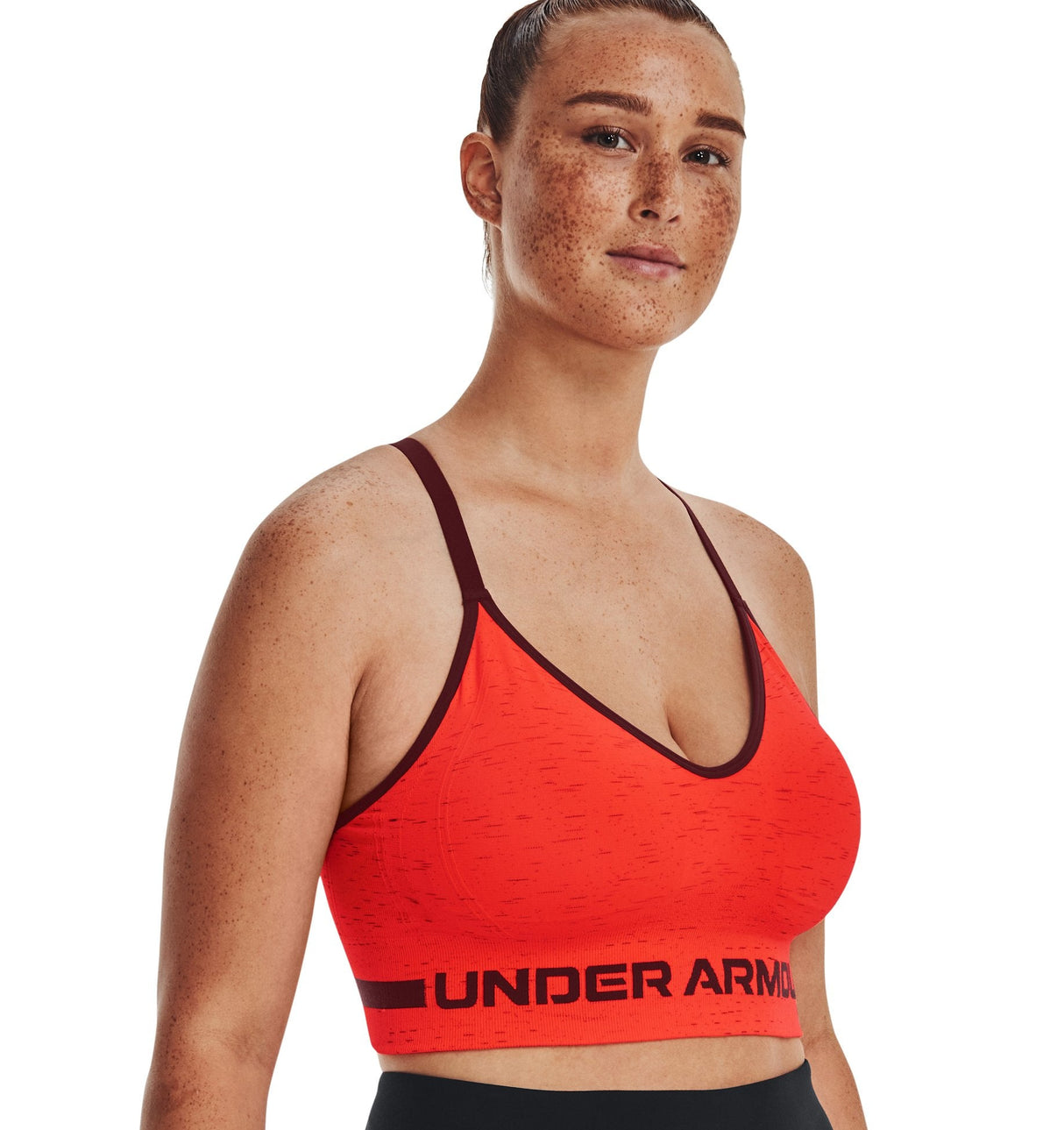 Under Armour Womens Seamless Low Long Heather Sports Bra - Adjustable Cross Back Design